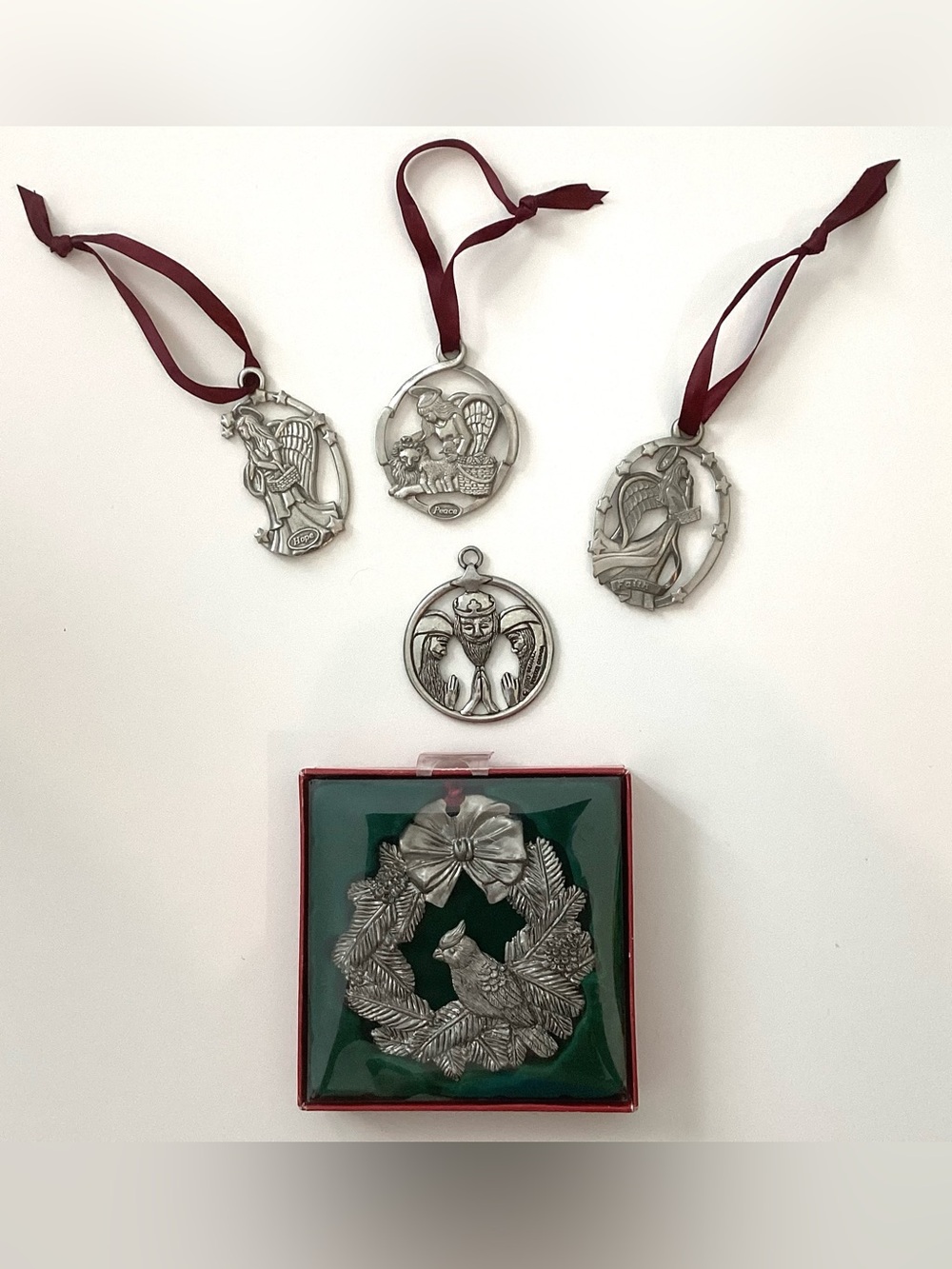 Vintage Pewter Christmas Ornaments Lot of 5 Angels Cardinal St Nicholas Square